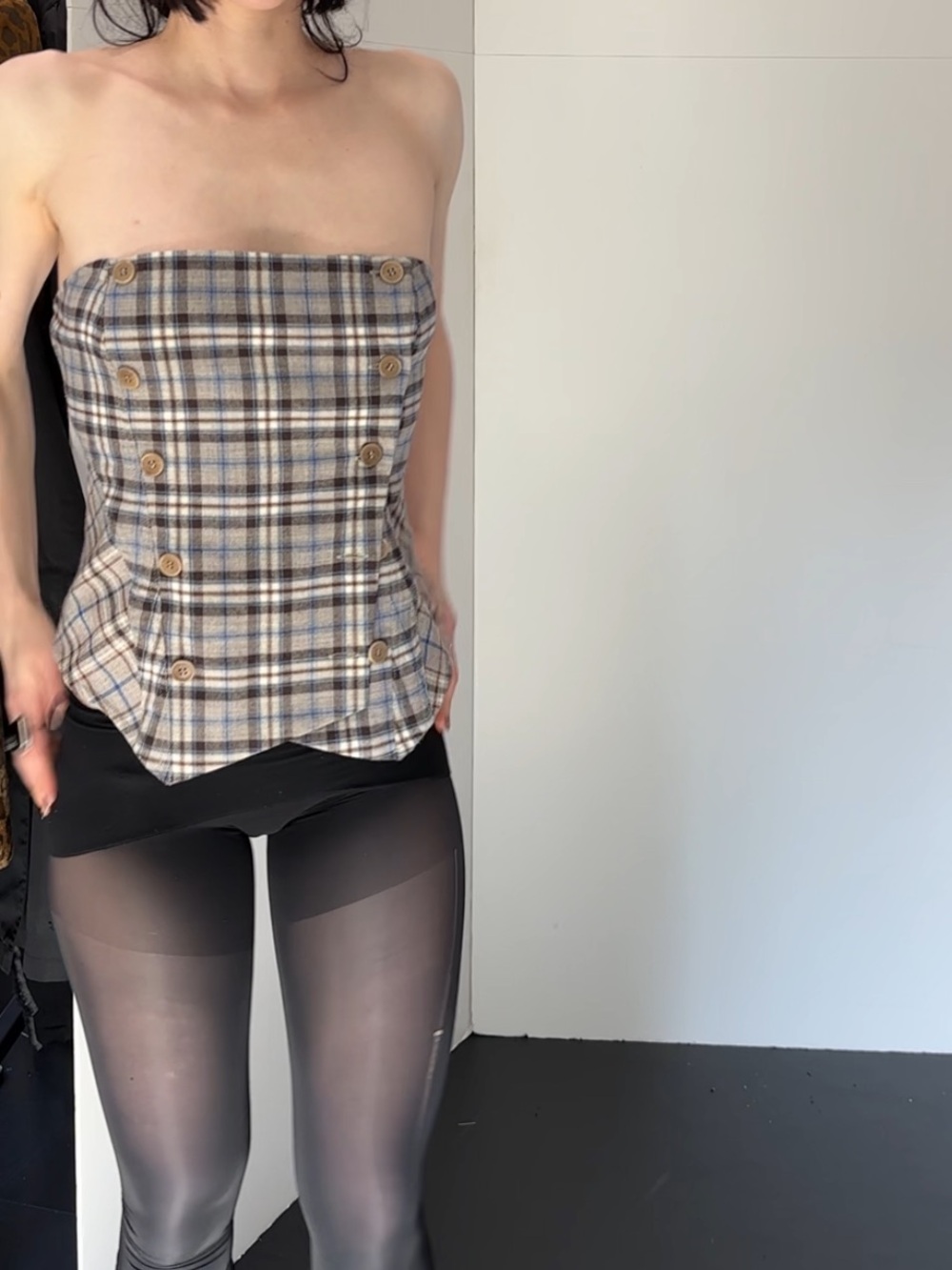 Italian wool plaid double breasted tube top